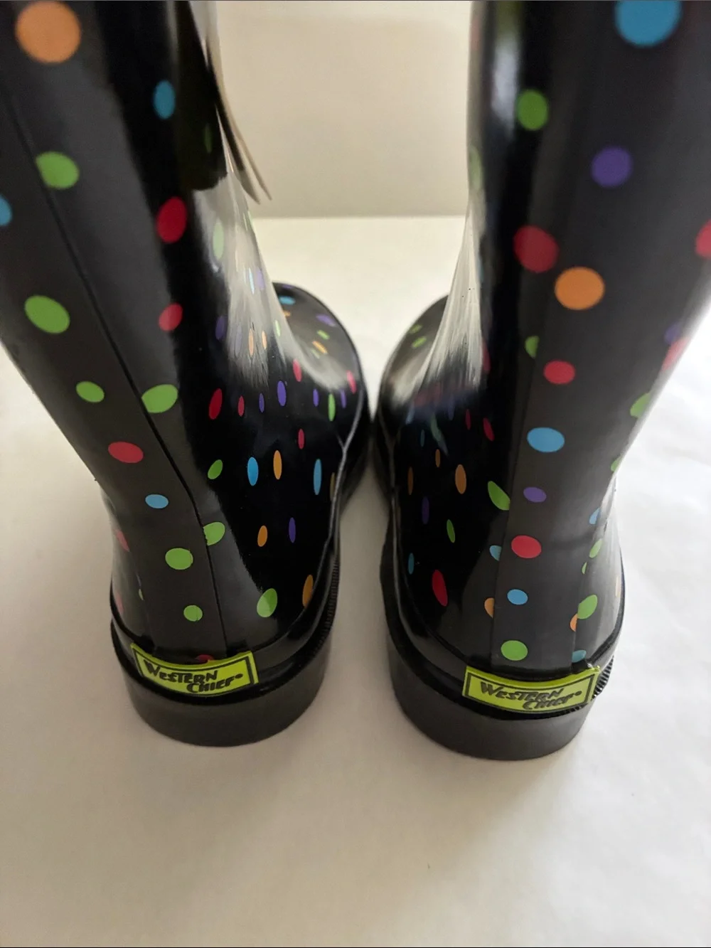 Western Chief Black Rain Boots with Multicolor Polka Dots